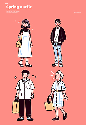 전신 여자 노년 남자 할머니 분홍색 일러스트 미소 들기 여러명 성인 반짝임 봄 핸드백 잡기 주머니손 크로스백 코디 봄옷 스타일 스트리트패션 일러캐릭터 AI파일 캐릭터 옷 계절 패션 컬러 다수 가방 모션 표정 사람 파일형식 벡터