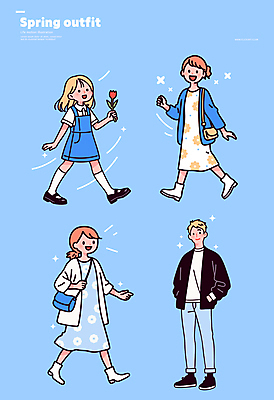 전신 여자 남자 어린이 하늘색 일러스트 미소 들기 소녀 여러명 성인 반짝임 손들기 걷기 봄 튤립 주머니손 크로스백 코디 봄옷 스타일 스트리트패션 일러캐릭터 AI파일 캐릭터 옷 계절 패션 꽃 다수 가방 모션 표정 사람 파란색 파일형식 벡터