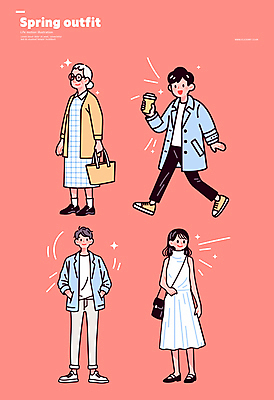 전신 여자 노년 남자 분홍색 일러스트 미소 들기 여러명 성인 걷기 봄 핸드백 주머니손 크로스백 코디 봄옷 테이크아웃컵 스타일 스트리트패션 일러캐릭터 AI파일 캐릭터 옷 계절 패션 컬러 다수 가방 모션 표정 사람 컵 파일형식 벡터