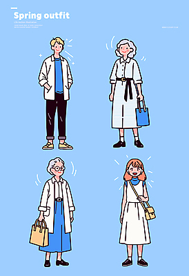 전신 여자 노년 남자 하늘색 가방 일러스트 미소 들기 여러명 성인 봄 핸드백 잡기 주머니손 크로스백 코디 봄옷 스타일 스트리트패션 일러캐릭터 AI파일 캐릭터 잡화 옷 계절 패션 다수 모션 표정 사람 파란색 파일형식 벡터