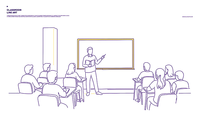 전신 학생 여자 남자 의자 일러스트 교실 청소년 수업 교재 서기 들기 앉기 여러명 성인 책 학습 보라색 칠판 가리킴 강의 라인아트 책상 지시봉 국내일러스트 AI파일 교육 선 컬러 가구 다수 학교 모션 사람 손짓 파일형식 벡터