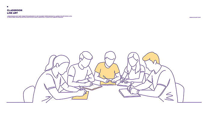 여자 남자 대학생 의자 일러스트 교실 수업 들기 여러명 상반신 성인 책 펜 노란색 공책 기록 토론 라인아트 책상 성인만 국내일러스트 AI파일 학생 교육 선 컬러 가구 다수 학교 모션 문구용품 사람 필기구 파일형식 벡터