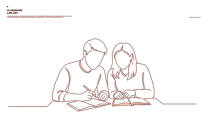 학생 응시 여자 남자 대학생 일러스트 교실 수업 들기 상반신 성인 두명 책 학습 펜 갈색 가리킴 라인아트 책상 교과서 성인만 국내일러스트 AI파일 시선 교육 선 컬러 가구 학교 모션 교재 사람 손짓 필기구 파일형식 벡터