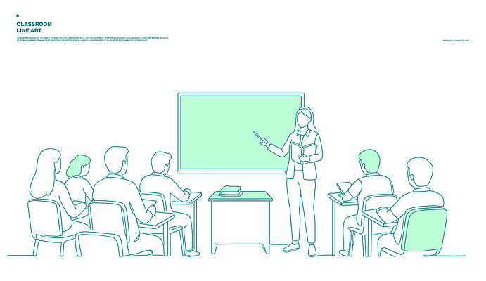 전신 학생 여자 남자 의자 일러스트 교실 청소년 수업 교재 서기 들기 앉기 여러명 성인 책 교사 칠판 강의 라인아트 책상 지시봉 교탁 민트색 국내일러스트 AI파일 직업 교육 선 컬러 가구 다수 학교 모션 사람 파일형식 벡터