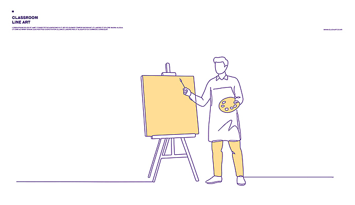전신 남자 일러스트 수업 미술 한명 서기 들기 성인 노란색 앞치마 붓 팔레트 라인아트 이젤 캔버스 미술실 성인남자한명만 국내일러스트 AI파일 1 교육 선 컬러 모션 문화예술 사람 미술도구 남자한명만 성인남자만 파일형식 벡터