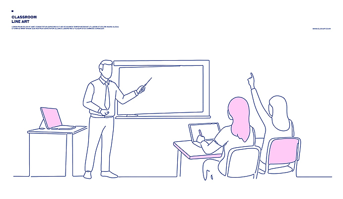 전신 학생 여자 남자 분홍색 일러스트 교실 청소년 수업 서기 들기 앉기 성인 세명 노트북 교사 칠판 가리킴 강의 라인아트 지시봉 교탁 국내일러스트 AI파일 직업 교육 선 컬러 학교 모션 사람 손짓 전자제품 파일형식 벡터