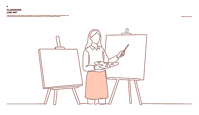 여자 일러스트 교실 수업 미술 한명 들기 성인 붓 팔레트 라인아트 이젤 캔버스 미술실 미술선생님 성인여자한명만 코랄 국내일러스트 AI파일 1 교육 선 컬러 학교 모션 문화예술 사람 교사 미술도구 여자한명만 성인여자만 파일형식 벡터