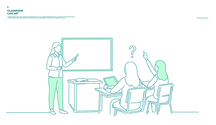 전신 학생 여자 의자 일러스트 교실 청소년 수업 교재 서기 들기 앉기 성인 세명 손들기 교사 칠판 물음표 강의 라인아트 책상 지시봉 교탁 민트색 여자만 국내일러스트 AI파일 직업 기호 교육 선 컬러 가구 학교 모션 사람 파일형식 벡터