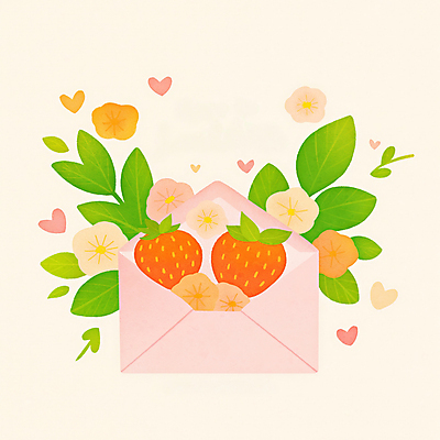 JPG 분홍색 일러스트 봄꽃 딸기 편지봉투 사람없음 하트 딸기잎 국내일러스트 AI일러스트 AI콘텐츠 모양 꽃 컬러 잎 과일 봉투 봄 편지 파일형식