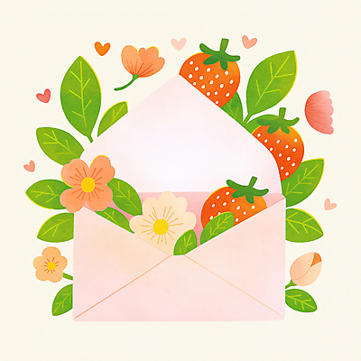 JPG 분홍색 일러스트 봄꽃 딸기 편지봉투 사람없음 하트 딸기잎 국내일러스트 AI일러스트 AI콘텐츠 모양 꽃 컬러 잎 과일 봉투 봄 편지 파일형식