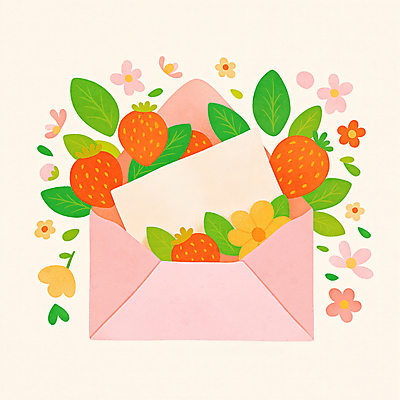 JPG 분홍색 일러스트 봄꽃 딸기 편지봉투 사람없음 편지지 카피스페이스 딸기잎 국내일러스트 AI일러스트 AI콘텐츠 꽃 컬러 잎 과일 봉투 봄 공백 편지 파일형식