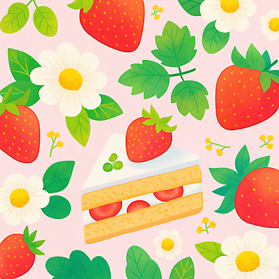 JPG 분홍색 과일 일러스트 디저트 사람없음 봄 달콤 딸기꽃 딸기케이크 딸기잎 국내일러스트 AI일러스트 AI콘텐츠 계절 꽃 음식 컬러 잎 딸기 케이크 맛 파일형식