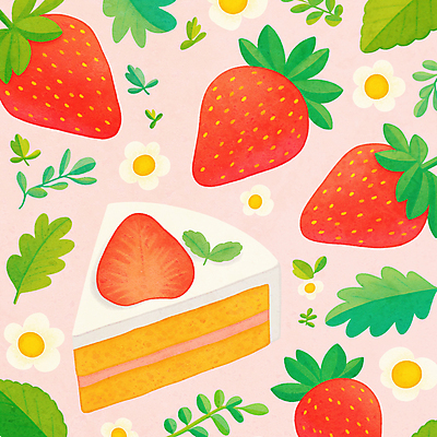 JPG 분홍색 과일 일러스트 디저트 사람없음 봄 달콤 딸기꽃 딸기케이크 딸기잎 국내일러스트 AI일러스트 AI콘텐츠 계절 꽃 음식 컬러 잎 딸기 케이크 맛 파일형식