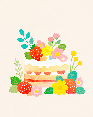 JPG 과일 일러스트 디저트 사람없음 봄 달콤 딸기꽃 딸기케이크 연분홍색 딸기잎 국내일러스트 AI일러스트 AI콘텐츠 계절 꽃 음식 분홍색 잎 딸기 케이크 맛 파일형식