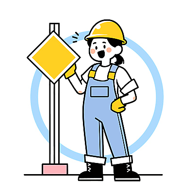 전신 여자 허리손 하늘색 일러스트 작업복 한명 미소 성인 표지판 원형 안전모 성인여자한명만 국내일러스트 AI파일 도형 1 옷 포즈 알림판 표정 사람 파란색 헬멧 안전장비 여자한명만 성인여자만 파일형식 벡터