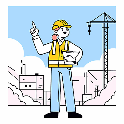 전신 여자 하늘색 일러스트 한명 미소 들기 성인 건물 건설현장 가리킴 작업 지시 서류판 안전조끼 성인여자한명만 건설근로자 국내일러스트 AI파일 직업 1 건축물 모션 건설업 표정 사람 손짓 파란색 사무용품 여자한명만 성인여자만 파일형식 벡터
