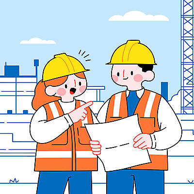 구름 여자 남자 종이 하늘색 일러스트 협력 공사 미소 들기 성인 두명 건설현장 가리킴 안전조끼 성인만 건설근로자 국내일러스트 AI파일 자연요소 직업 모션 건설업 표정 사람 손짓 파란색 파일형식 벡터