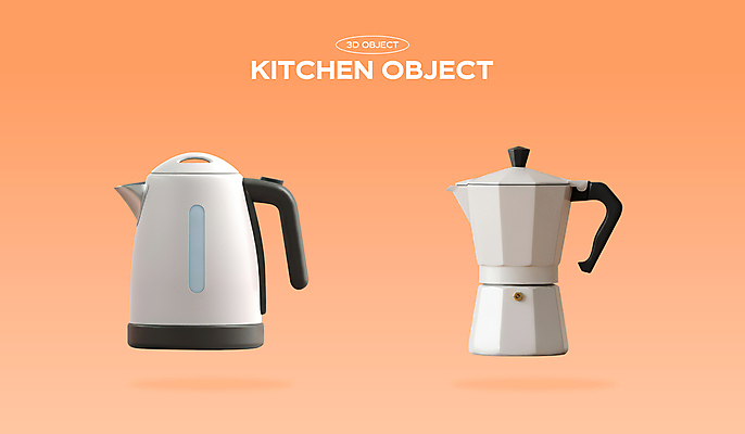 PSD 편집이미지 주방용품 사람없음 세트 3D 주황색 가전제품 커피포트 오브젝트 전기포트 편집3D 컬러 생활용품 주전자 디지털합성 파일형식