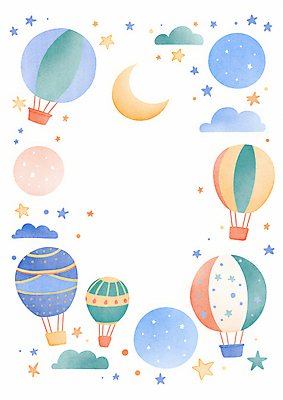 JPG 구름 별 일러스트 상상 하늘 수채화 프레임 사람없음 컬러풀 열기구 초승달 카피스페이스 국내일러스트 AI일러스트 AI콘텐츠 자연요소 컬러 항공교통 공백 달 파일형식