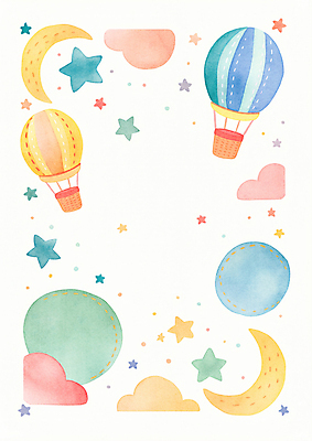 JPG 구름 별 일러스트 상상 하늘 수채화 프레임 사람없음 컬러풀 열기구 초승달 카피스페이스 국내일러스트 AI일러스트 AI콘텐츠 자연요소 컬러 항공교통 공백 달 파일형식