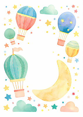 JPG 구름 별 일러스트 상상 하늘 수채화 프레임 사람없음 컬러풀 열기구 깃발 초승달 카피스페이스 국내일러스트 AI일러스트 AI콘텐츠 자연요소 컬러 항공교통 공백 달 파일형식