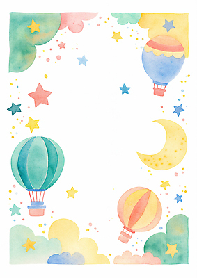 JPG 구름 별 일러스트 상상 하늘 수채화 프레임 사람없음 컬러풀 열기구 초승달 카피스페이스 국내일러스트 AI일러스트 AI콘텐츠 자연요소 컬러 항공교통 공백 달 파일형식