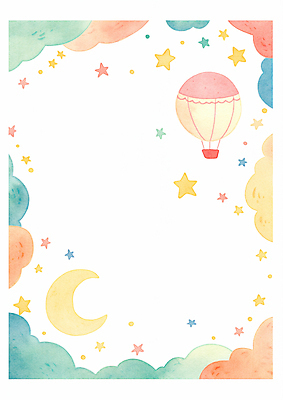 JPG 구름 별 일러스트 상상 하늘 수채화 프레임 사람없음 컬러풀 열기구 초승달 카피스페이스 국내일러스트 AI일러스트 AI콘텐츠 자연요소 컬러 항공교통 공백 달 파일형식