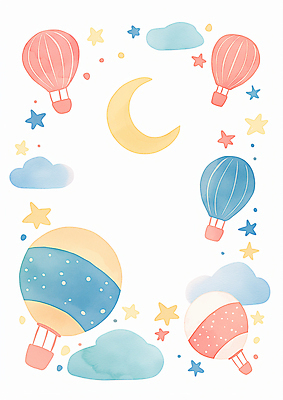 JPG 구름 별 일러스트 상상 하늘 수채화 프레임 사람없음 컬러풀 열기구 초승달 카피스페이스 국내일러스트 AI일러스트 AI콘텐츠 자연요소 컬러 항공교통 공백 달 파일형식