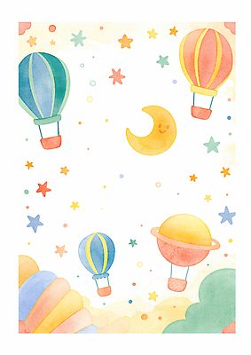 JPG 구름 별 일러스트 상상 하늘 수채화 사람없음 컬러풀 열기구 초승달 국내일러스트 AI일러스트 AI콘텐츠 자연요소 컬러 항공교통 달 파일형식