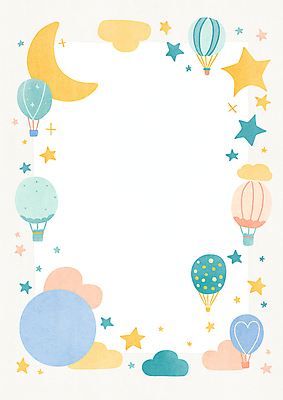 JPG 구름 별 일러스트 상상 하늘 수채화 프레임 사람없음 컬러풀 열기구 초승달 카피스페이스 국내일러스트 AI일러스트 AI콘텐츠 자연요소 컬러 항공교통 공백 달 파일형식