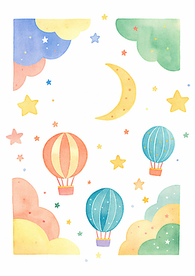 JPG 구름 별 일러스트 상상 하늘 수채화 사람없음 컬러풀 열기구 초승달 국내일러스트 AI일러스트 AI콘텐츠 자연요소 컬러 항공교통 달 파일형식