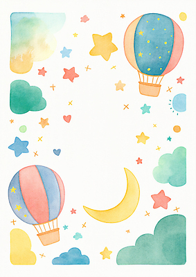 JPG 구름 별 일러스트 상상 하늘 수채화 프레임 사람없음 컬러풀 열기구 하트 초승달 카피스페이스 국내일러스트 AI일러스트 AI콘텐츠 자연요소 모양 컬러 항공교통 공백 달 파일형식