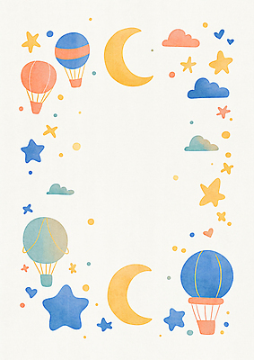 JPG 구름 별 일러스트 상상 하늘 수채화 프레임 사람없음 컬러풀 열기구 초승달 카피스페이스 국내일러스트 AI일러스트 AI콘텐츠 자연요소 컬러 항공교통 공백 달 파일형식