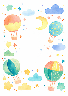 JPG 구름 별 일러스트 상상 하늘 수채화 프레임 사람없음 컬러풀 열기구 초승달 카피스페이스 국내일러스트 AI일러스트 AI콘텐츠 자연요소 컬러 항공교통 공백 달 파일형식