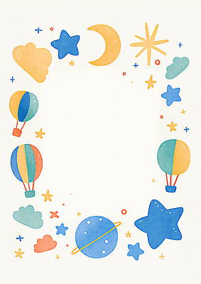 JPG 구름 별 일러스트 상상 하늘 수채화 프레임 사람없음 컬러풀 행성 열기구 초승달 카피스페이스 국내일러스트 AI일러스트 AI콘텐츠 자연요소 컬러 항공교통 우주 공백 달 파일형식