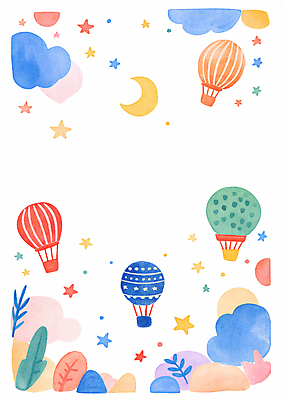 JPG 구름 별 잎 일러스트 상상 하늘 수채화 프레임 사람없음 컬러풀 열기구 초승달 카피스페이스 국내일러스트 AI일러스트 AI콘텐츠 자연요소 식물 컬러 항공교통 공백 달 파일형식