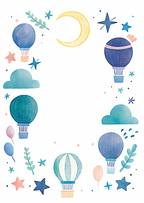 JPG 구름 별 잎 일러스트 상상 하늘 수채화 프레임 사람없음 컬러풀 열기구 초승달 카피스페이스 국내일러스트 AI일러스트 AI콘텐츠 자연요소 식물 컬러 항공교통 공백 달 파일형식