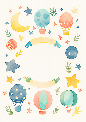 JPG 구름 별 잎 일러스트 상상 하늘 수채화 프레임 사람없음 컬러풀 열기구 초승달 카피스페이스 국내일러스트 AI일러스트 AI콘텐츠 자연요소 식물 컬러 항공교통 공백 달 파일형식