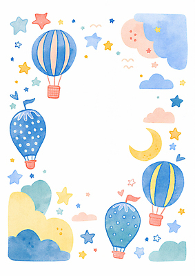 JPG 구름 별 일러스트 상상 하늘 수채화 프레임 사람없음 컬러풀 열기구 초승달 카피스페이스 국내일러스트 AI일러스트 AI콘텐츠 자연요소 컬러 항공교통 공백 달 파일형식