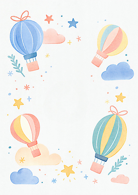 JPG 구름 별 잎 일러스트 상상 하늘 수채화 프레임 사람없음 컬러풀 열기구 초승달 카피스페이스 국내일러스트 AI일러스트 AI콘텐츠 자연요소 식물 컬러 항공교통 공백 달 파일형식