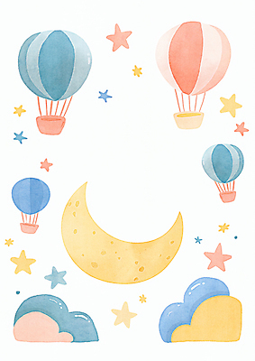 JPG 구름 별 일러스트 상상 하늘 수채화 프레임 사람없음 컬러풀 열기구 초승달 카피스페이스 국내일러스트 AI일러스트 AI콘텐츠 자연요소 컬러 항공교통 공백 달 파일형식