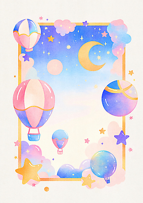 JPG 구름 별 일러스트 상상 하늘 수채화 프레임 사람없음 컬러풀 열기구 초승달 카피스페이스 국내일러스트 AI일러스트 AI콘텐츠 자연요소 컬러 항공교통 공백 달 파일형식