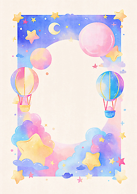 JPG 구름 별 일러스트 상상 하늘 수채화 프레임 사람없음 컬러풀 열기구 초승달 카피스페이스 국내일러스트 AI일러스트 AI콘텐츠 자연요소 컬러 항공교통 공백 달 파일형식