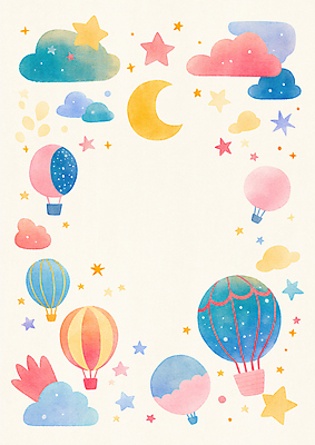 JPG 구름 별 일러스트 상상 하늘 수채화 프레임 사람없음 컬러풀 열기구 초승달 카피스페이스 국내일러스트 AI일러스트 AI콘텐츠 자연요소 컬러 항공교통 공백 달 파일형식