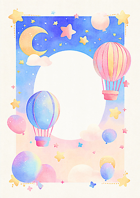 JPG 구름 별 일러스트 상상 하늘 수채화 프레임 사람없음 컬러풀 열기구 초승달 풍선 카피스페이스 국내일러스트 AI일러스트 AI콘텐츠 자연요소 컬러 항공교통 공백 달 파일형식