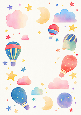 JPG 구름 별 일러스트 상상 하늘 수채화 프레임 사람없음 컬러풀 열기구 초승달 카피스페이스 국내일러스트 AI일러스트 AI콘텐츠 자연요소 컬러 항공교통 공백 달 파일형식