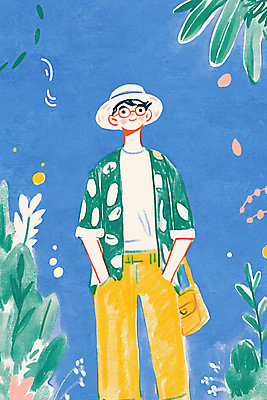 JPG 모자 남자 여행 잎 가방 일러스트 한명 서기 미소 성인 파란색 귀여움 주머니손 성인남자한명만 안경낌 국내일러스트 AI일러스트 AI콘텐츠 식물 1 잡화 안경 컬러 컨셉 모션 표정 사람 남자한명만 성인남자만 파일형식