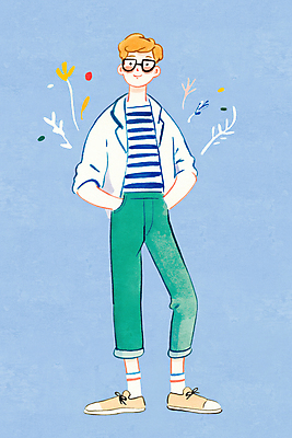 JPG 전신 남자 하늘색 일러스트 한명 서기 미소 성인 귀여움 주머니손 성인남자한명만 안경낌 국내일러스트 AI일러스트 AI콘텐츠 1 안경 컨셉 모션 표정 사람 파란색 남자한명만 성인남자만 파일형식