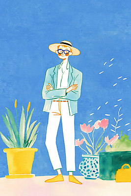 JPG 전신 모자 남자 꽃 화분 가방 일러스트 한명 서기 미소 성인 파란색 팔짱 귀여움 풀 성인남자한명만 안경낌 국내일러스트 AI일러스트 AI콘텐츠 식물 1 잡화 안경 컬러 컨셉 모션 표정 사람 남자한명만 성인남자만 파일형식