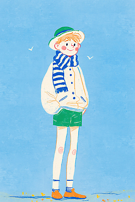 JPG 전신 모자 남자 하늘색 일러스트 조류 한명 서기 미소 성인 귀여움 목도리 주머니손 성인남자한명만 국내일러스트 AI일러스트 AI콘텐츠 동물 1 잡화 컨셉 모션 표정 사람 파란색 남자한명만 성인남자만 파일형식